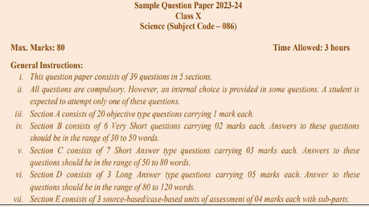 CBSE Board 10th Sample Paper Science