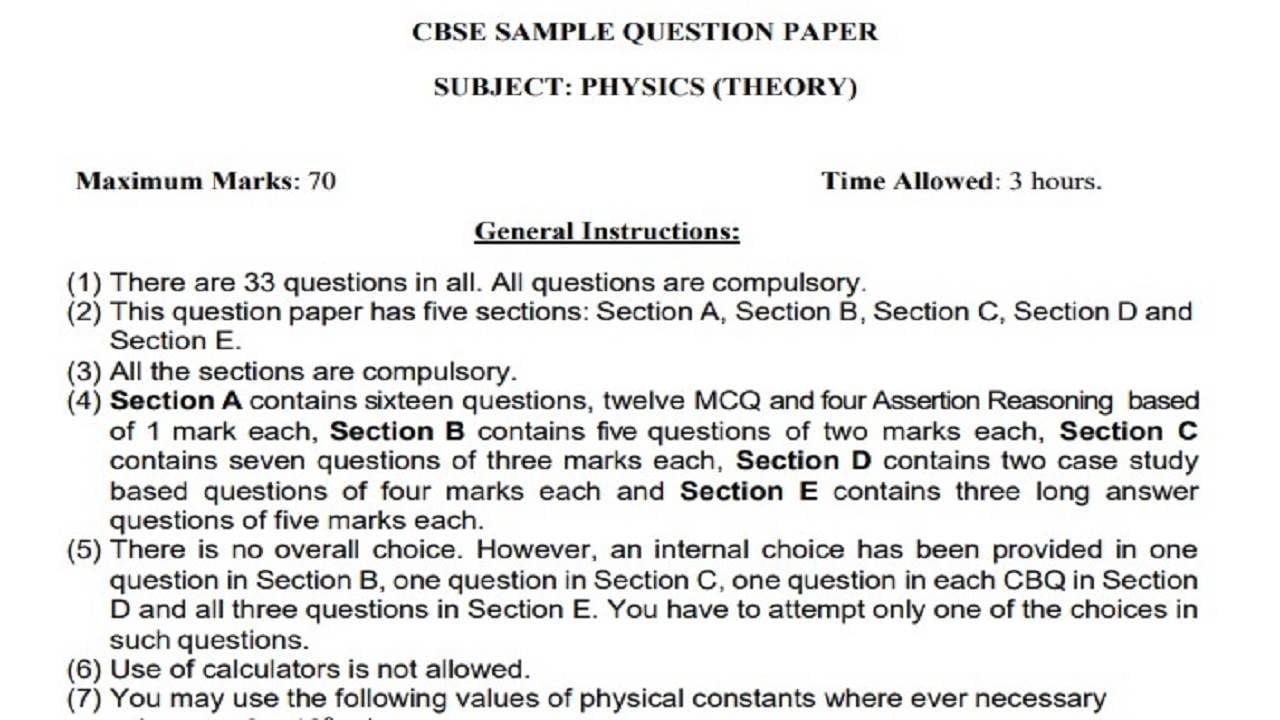 CBSE Board 12th Sample Paper Physics