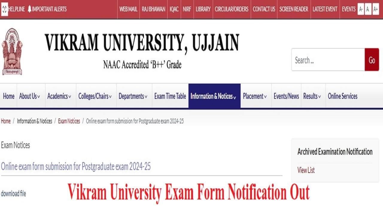 Vikram University Exam Form Check Notification